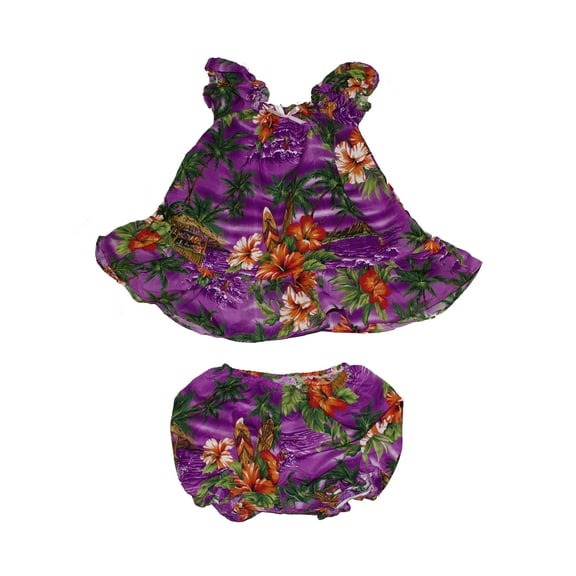 Girls Hawaii Style Muumuu Dress and Short, Purple Flower Palm Tree and Flower Leis for Kaki. Size 4