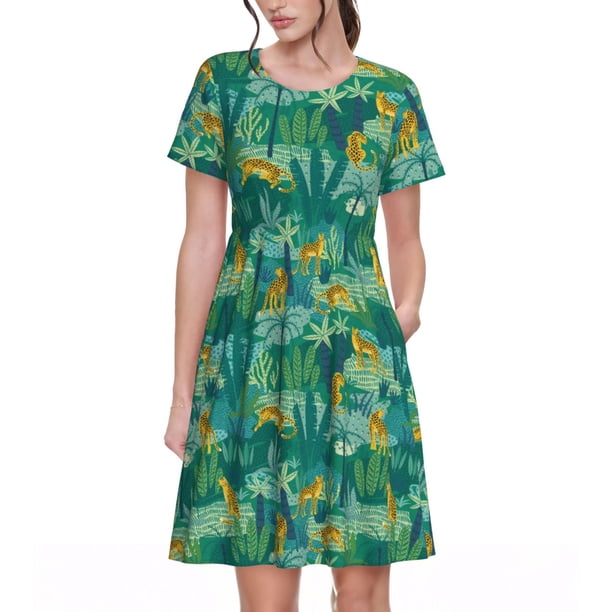 Fotbe Jungle Leopard Vestido Largo de Moda para Mujer, Vestido Tipo Camiseta con Manga Corta y Estilo Casual a Rayas y Bloques de Color