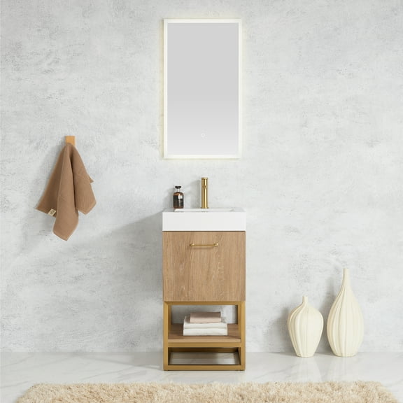 Vinnova Alistair 18" White Stone Top Single Vanity in Oak without Mirror