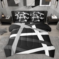 Homewish Boho Geometric Striped 7pcs Bedding Comforter Set,Abstract Stripeds Lines Queen Bedding Sets,White Gray Black Queen Sheet Sets For Adults,Microfiber Bedroom Decor Reversible