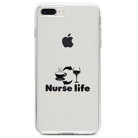 DistinctInk Clear Shockproof Hybrid Case for iPhone 7 PLUS / 8 PLUS (5.5" Screen) TPU Bumper Acrylic Back Tempered Glass Screen Protector - Nurse Life - Coffee, Wine, Repeat