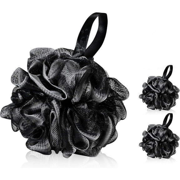 Charcoal Bath Loofah Sponge, 3 Pack Black 60G Large Shower Mesh Ball Soft Pouf Body Scrubber, Exfoliate, Cleanse, Soothe Skin By GIXUSIL(Black & White)