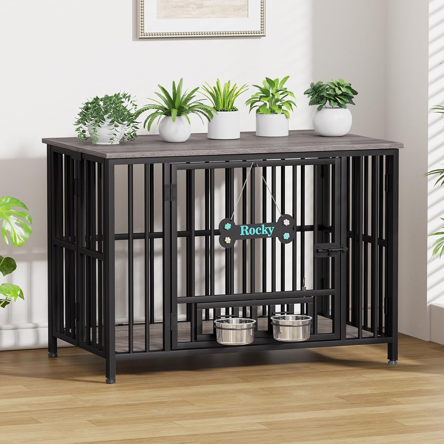 POAO 41"Dog Crate Furniture Foldable,No Assembly Dog Kennel Indoor for Large Dog(40-65 lbs),Dog Cage with Adjustable Bowls &Name Tag,End Table