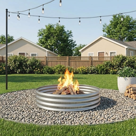 MATSKY 48" Round Galvanized Fire Pit Ring, 4ft Heavy Duty Steel Outside Wood Burning Burn Pit for Large Backyard and Bonfires, Silver