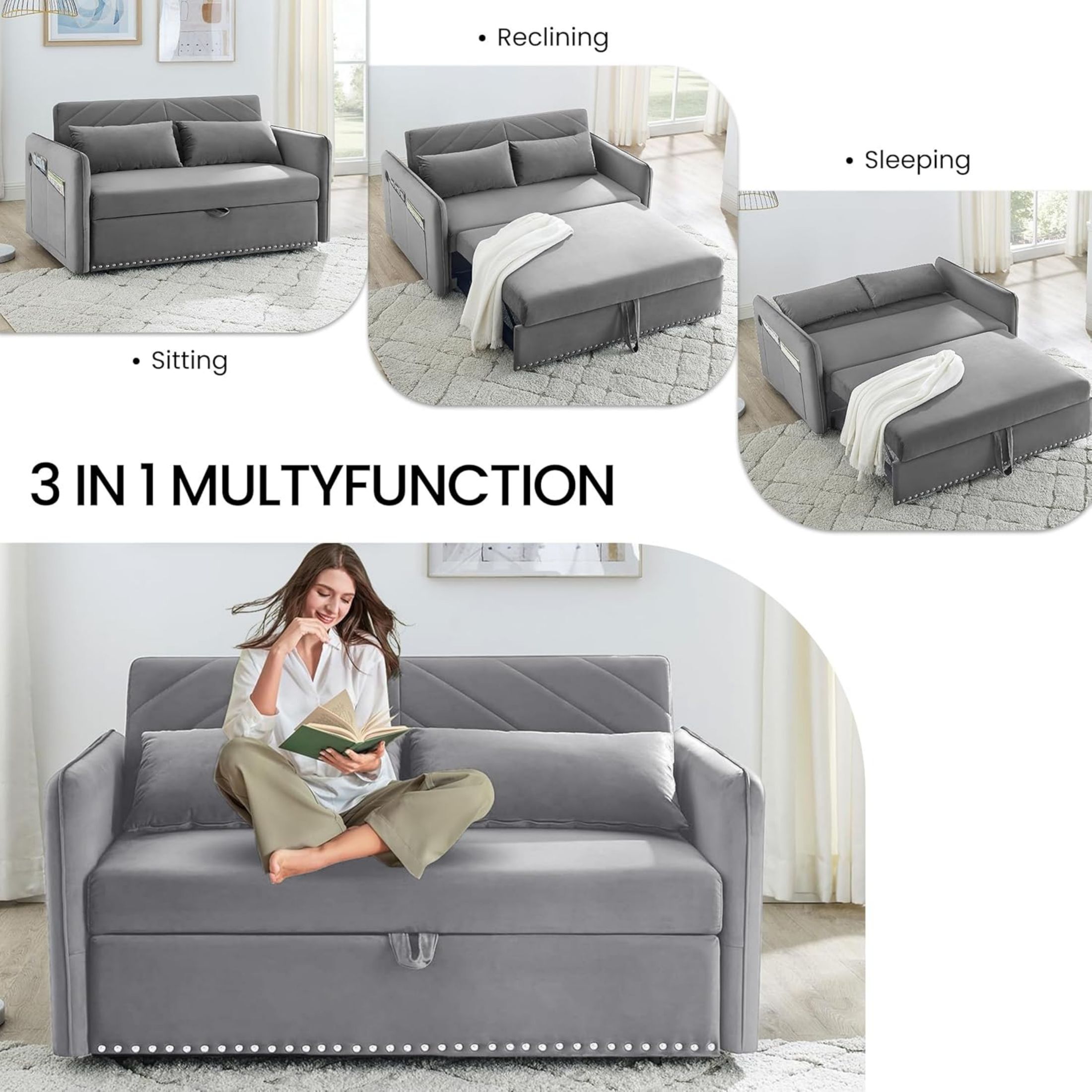 DEALTOPS Pull Out Sofa Bed, Convertible Loveseat Sleeper Sofa with USB Ports and Side Pockets, Gray