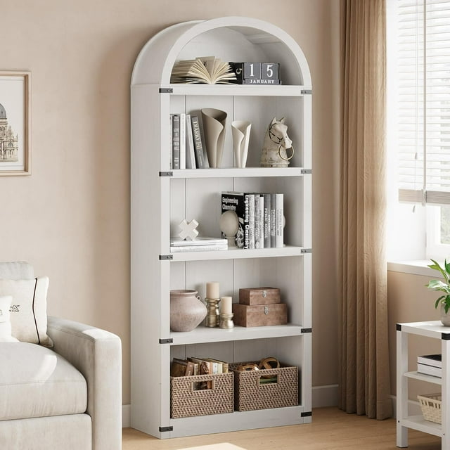 ChaoLink Librero de 5 niveles con estantería arqueada y puertas, librero de estilo granja alto con estantes, estantería de madera para oficina en casa y almacenamiento