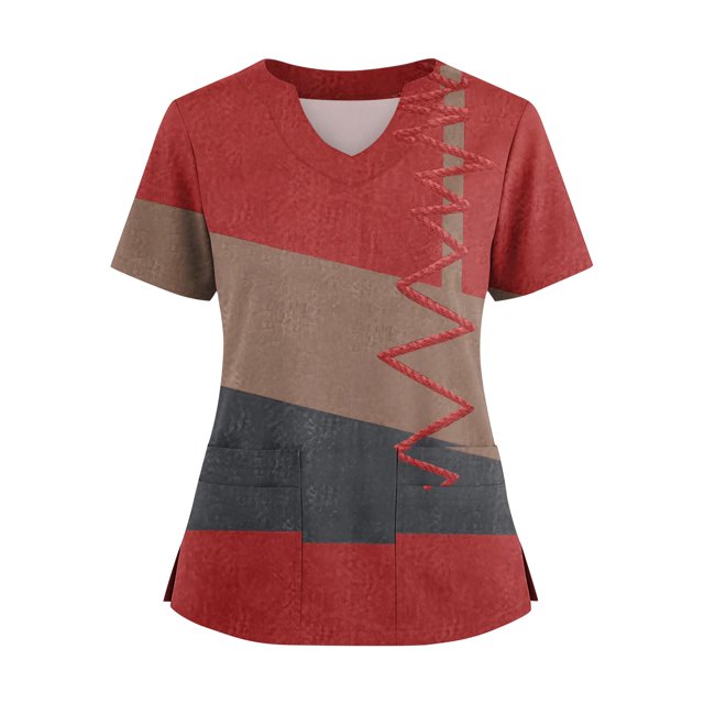 Ktyne Tuniques Médicales pour Femmes à Col en V, Hauts de Sarrau à Manches Courtes Extensibles, Blouse d'Infirmière Douce, Hauts de Sarrau avec Poche, Rouge, TTTG