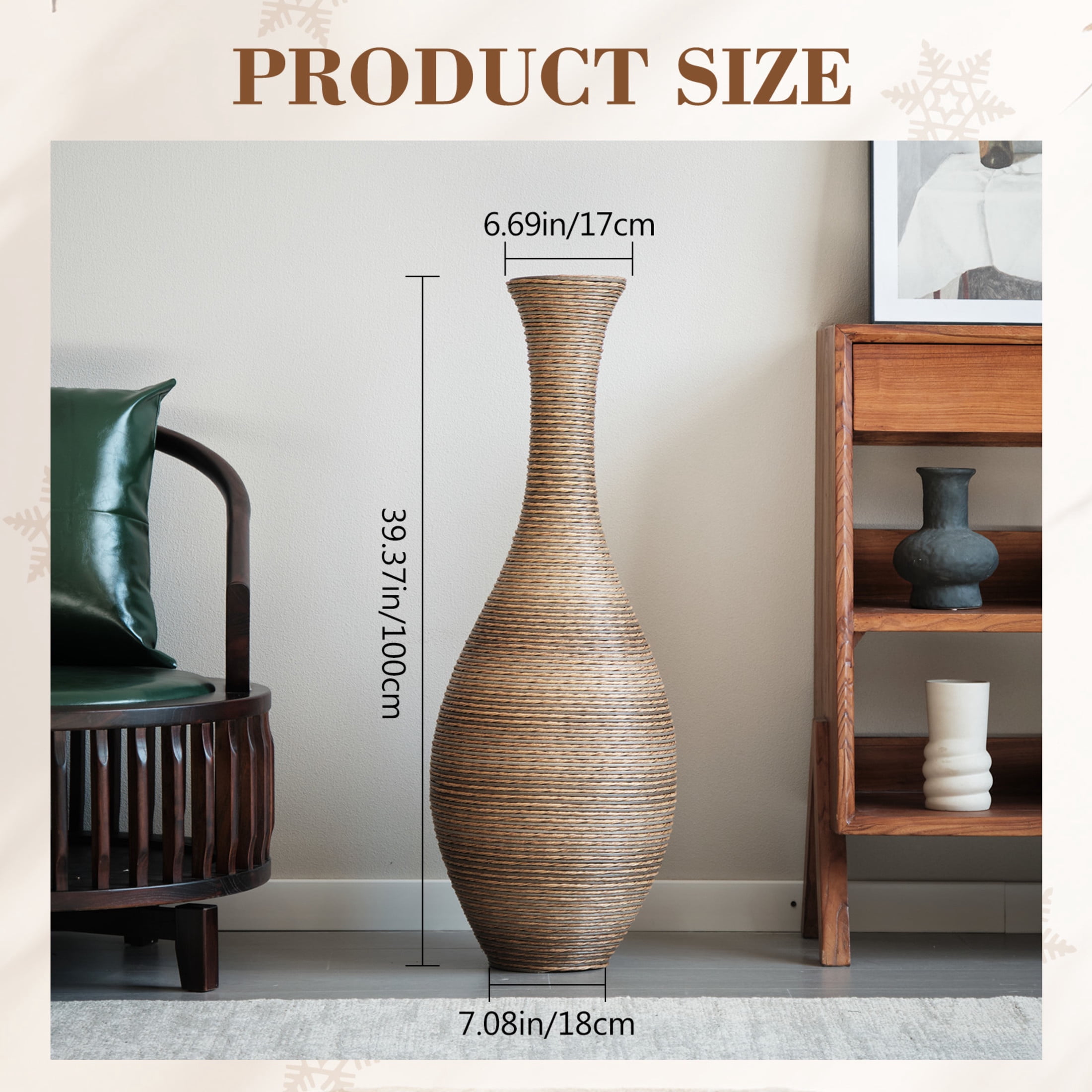 Noble House 39.37" Tall PVC Rattan-Look Floor Vase, Hand-Woven Decorative Vase for Home Decor, Beige+Gray