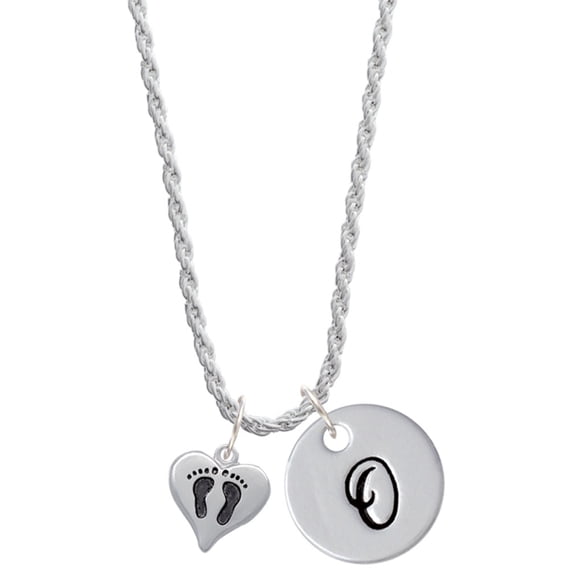 Delight Jewelry Silvertone Small Heart with Baby Feet Silvertone Script Initial Disc - O - Charm Necklace, 20"+3"