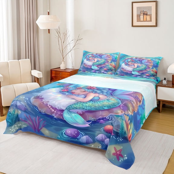 Homewish Cute Cartoon Mermaid Twin Sheet Sets,Oceean Animal Twin Fitted Sheet,Watercolor Sealife Coral Flat Sheet For Girls,Breathable Home Decor,3pcs