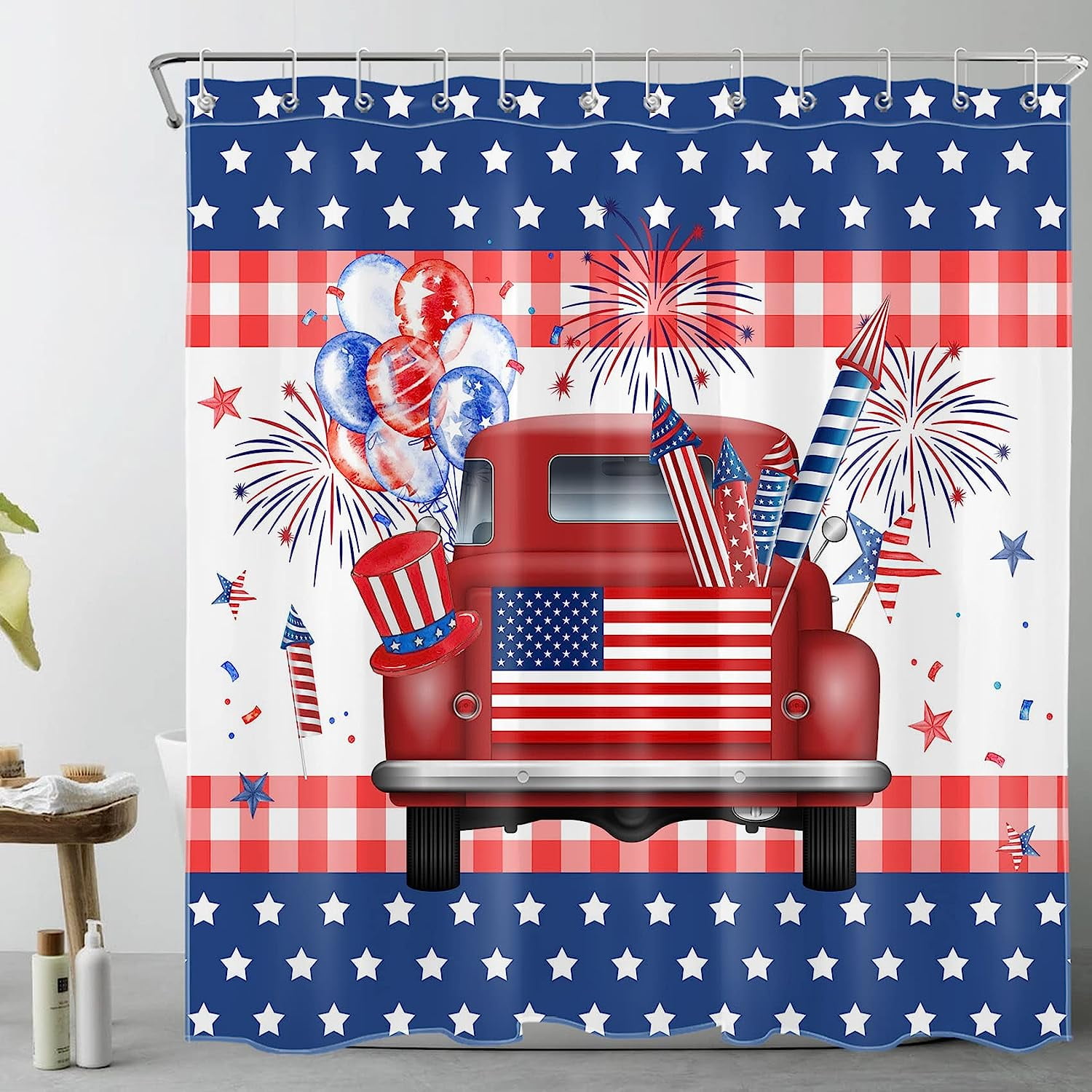 Sonernt 4th of July Shower Curtain Red Blue Stars Amreican Flag on Red