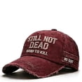 thumbnail image 3 of Still Not Dead Embroidered Distressed Baseball Cap, Hardcore Style Dad Hat for Men and Women, Washed Cotton Adjustable Vintage Cap for Daily Wear and Rebellious Fashion Statements - Wine, 3 of 5