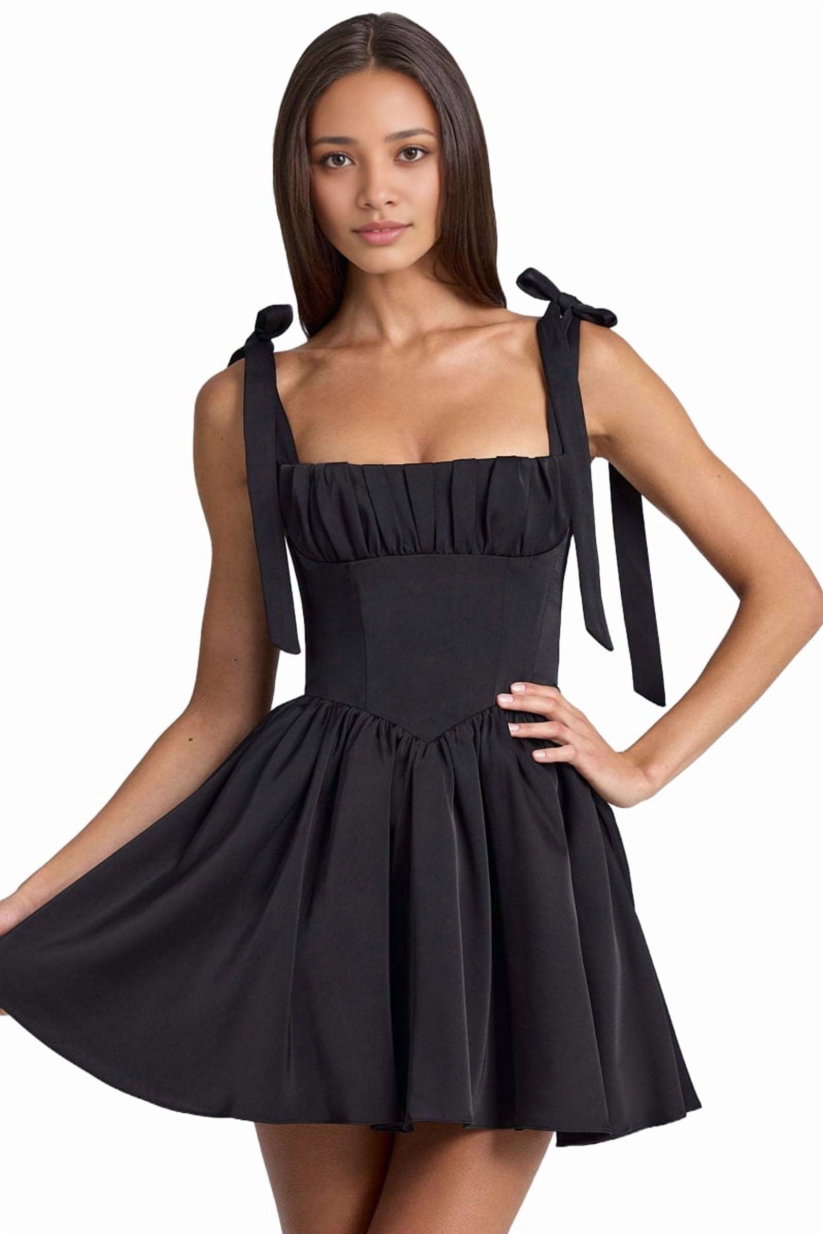 Smocked Ruched A Line Swing Dress Layered Tie Shoulder Flowy - Dress Black S