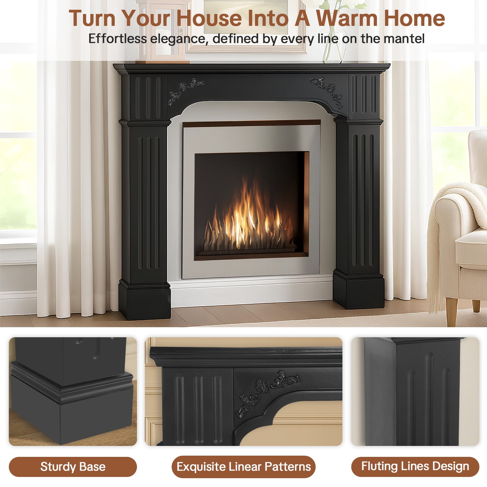 OUINCH 43.3" Fireplace Mantel, Freestanding Fireplace Surround with Leg for Electric Fireplaces, MDF Mantel Surround with Shelf for Living Room with Decorative Pattern, Anti-Tipping & Waterproof
