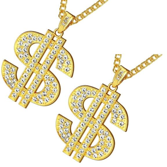 Leojiow 2Pcs Gold Plated Chain With Crystal Dollar Sign Pendant Necklace Hip Hop Chain Charm Necklace For Men 8X7Cm Gold