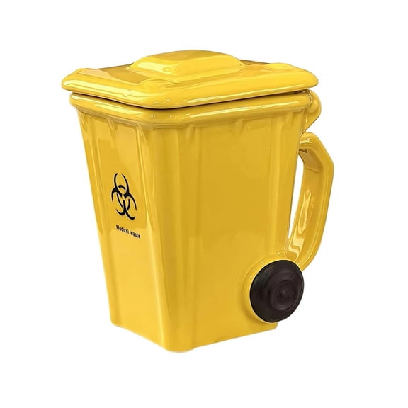 Tuvgenk Trash Can Coffee Mug with Lid 4.5 inch Funny Recycling Bin Ceramic Cup for Office Desk and Gag Gift Yellow