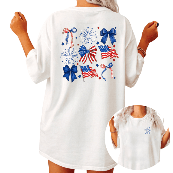4th of July Patriotic Coquette Bow Fireworks Back Print Graphic Tees Women's USA Oversized Tshirt Tops Black/White S-5XL