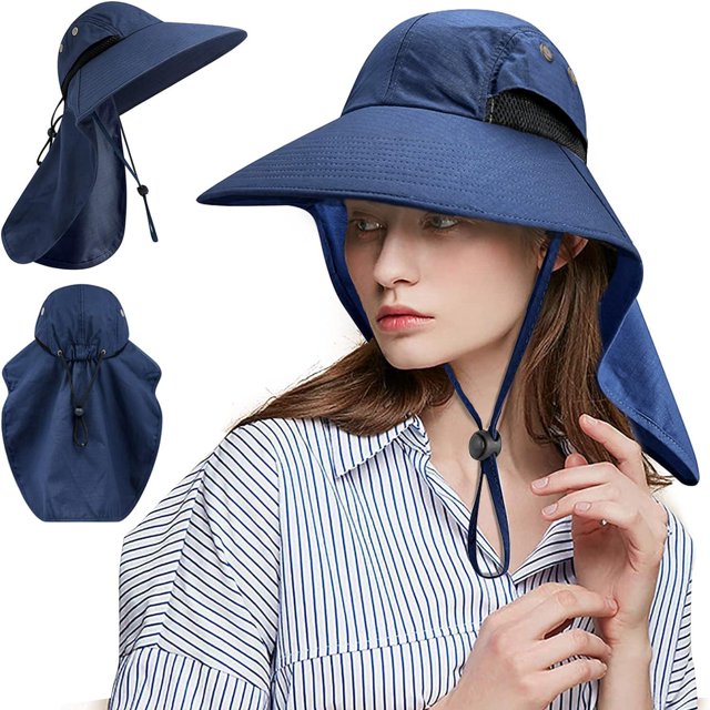 Sombrero para el sol, anti rayos UV, para senderismo, con protección para el cuello, de ala ancha, sombrero de pescador, plegable, ajustable, de malla transpirable, para hombres y mujeres, azul