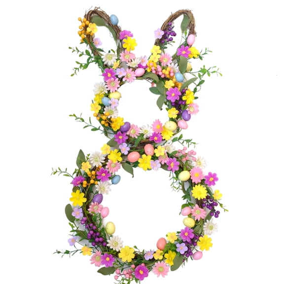Idyllic Decorative Easter Bunny Shaped Artificial Wreaths with Flowers, Eggs & Berries, Multicolor