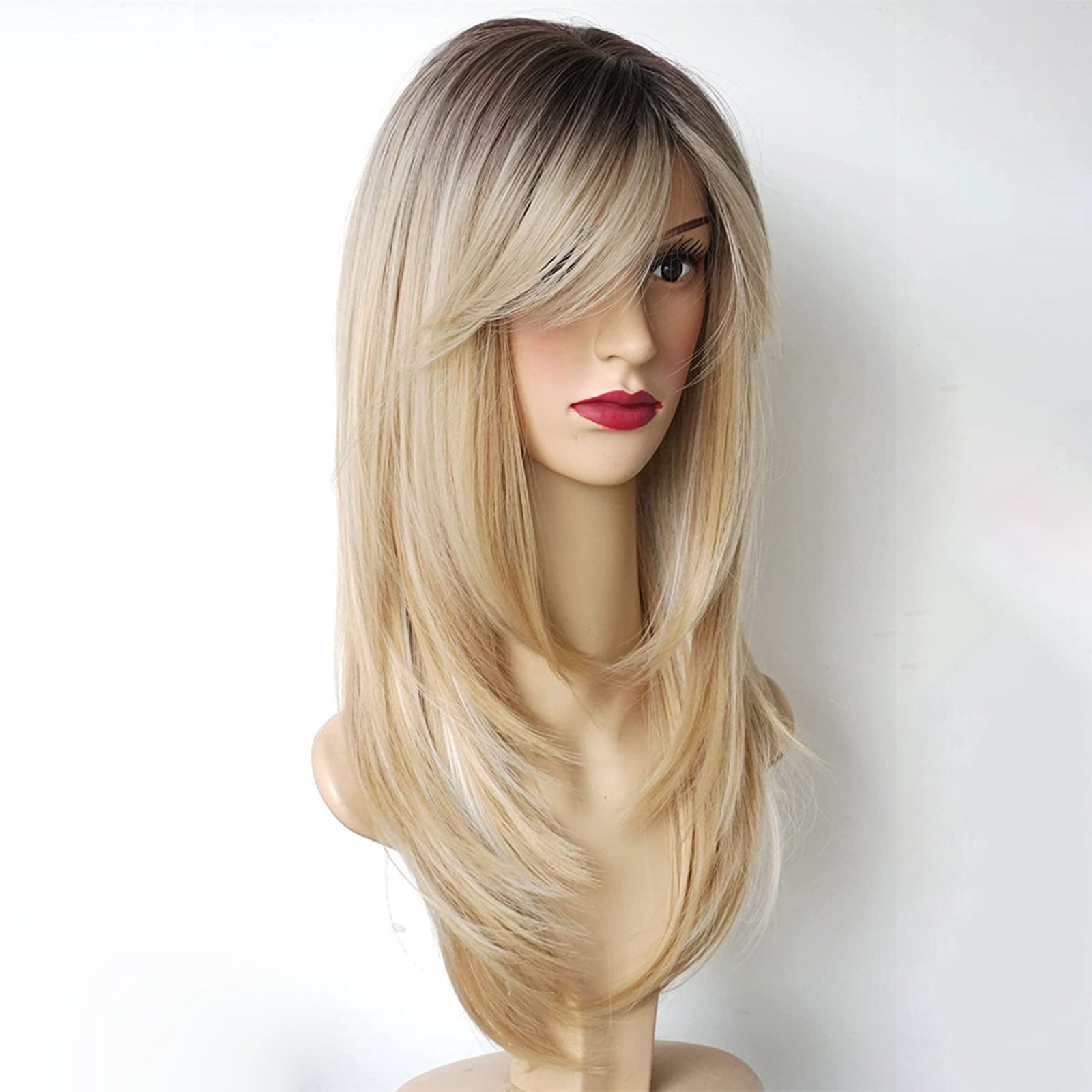 Cptfadh European And American Intellectual Wig Golden Color Mixed Color Headgear Eight Character Bangs Medium Long Texture Straight Hair Wig