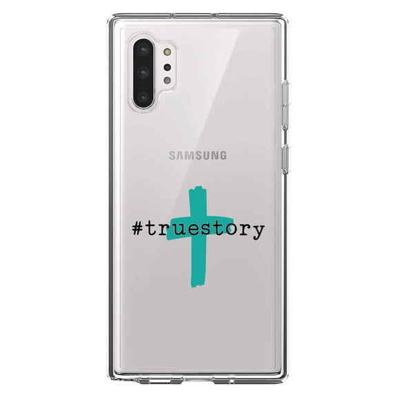 DistinctInk Clear Shockproof Hybrid Case for Galaxy Note 10 PLUS (6.8" Screen) - TPU Bumper Acrylic Back Tempered Glass Screen Protector - #truestory - Cross - Christian - Teal
