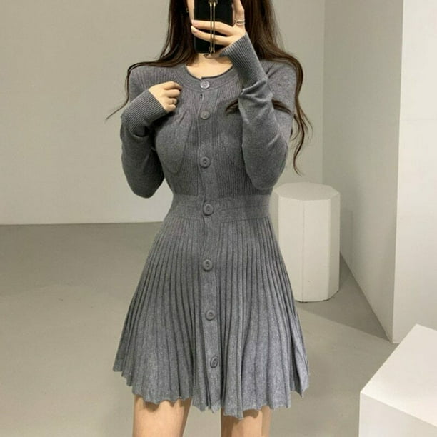 Mini vestido informal de punto con un solo pecho Botones de otoño e invierno para mujer $ Falda plisada de punto ajustada para mujer $ Vestido de punto informal para mujer Ormromra HMHZ1826-2