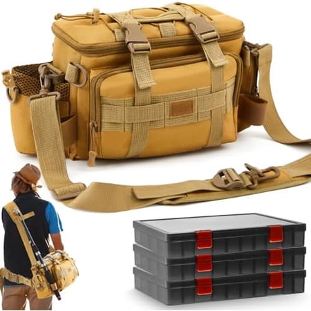 Fishing Tackle Bag with 3 Adjustable Tackle Trays Boxes Saltwater Freshwater Resistant Fishing Gear Lures Storage Bag W Outdoor Pack Organizer Padded Shoulder Strap$$Sport & Recreation Other