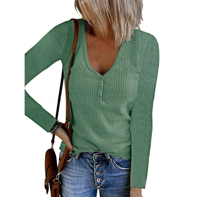 Fashnice Hauts pour Femmes Tunique à Col Boutonné Blouse T-Shirt Ample Chandail de Travail Vert 2TG