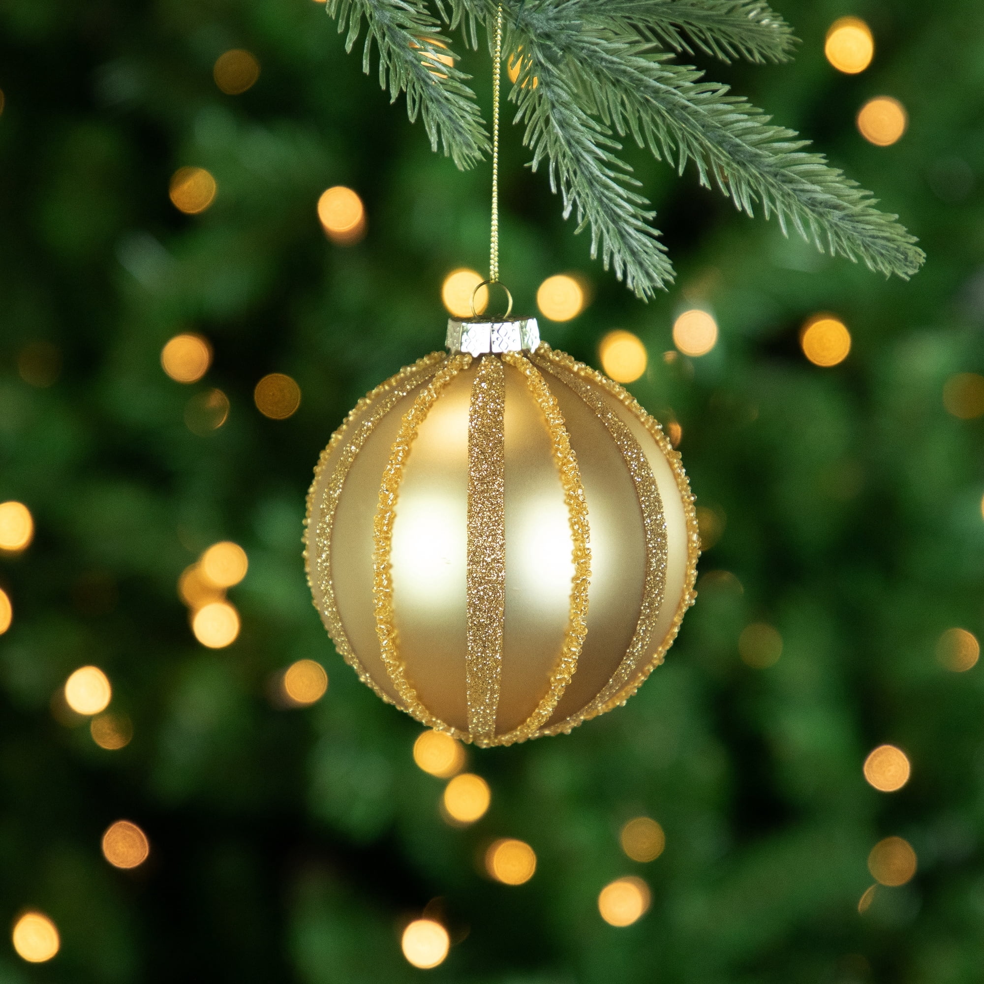 Northlight Set of 2 Gold Striped Glittered Glass Christmas Ball Ornaments 4"