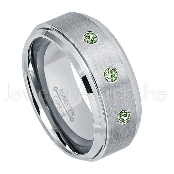 9mm Brushed Men's Tungsten Ring Tungsten Ring - 0.21ctw Green Tourmaline 3-stone Band - Personalized Tungsten Wedding Ring - Custom Made October Birthstone Ring TN023BS