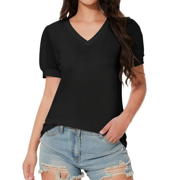 Women's V Neck Tops Puff Sleeve with Swiss Dot T-Shirts Summer Casual Loose Tshirts