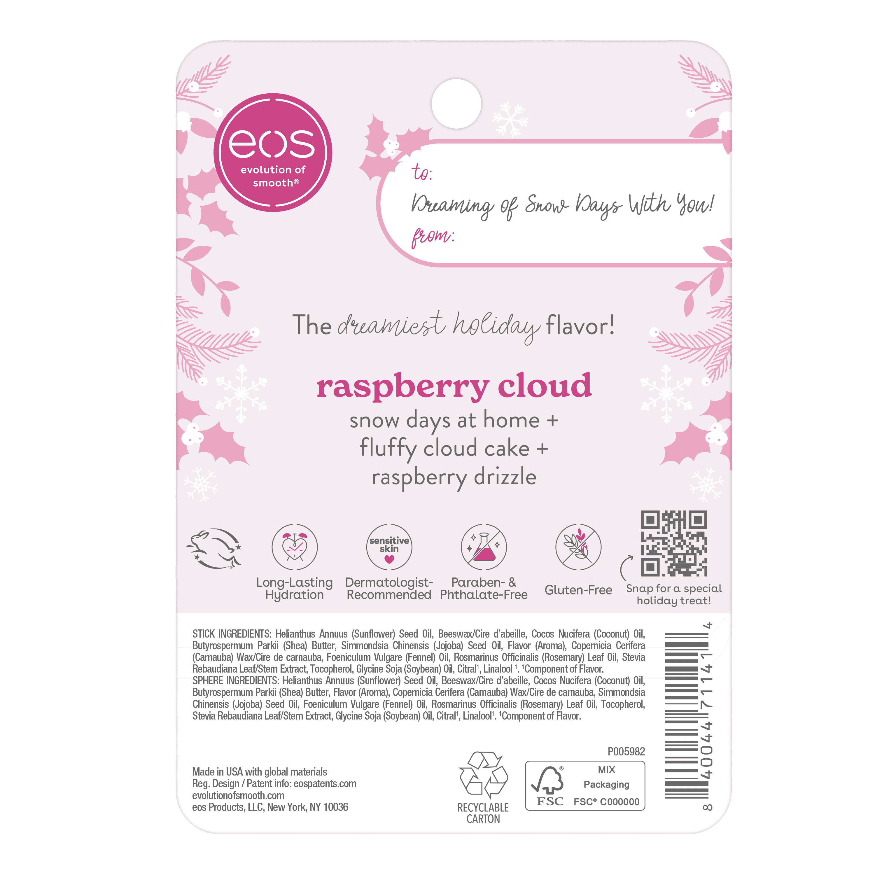 eos Limited Edition Holiday Lip Balm, Raspberry Cloud, All-Day Moisture, Made for Sensitive Skin, 0.39 oz, 2-Pack