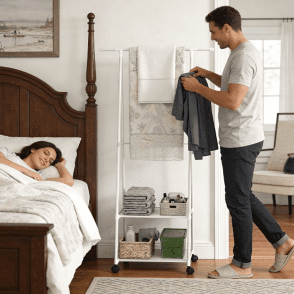 Jmyx Clothes Rack on Wheels, Triangle Coat Rack, Rolling Garment Rack, 2 Tier Rolling Clothes Rack, Coat Hanging Rack, Portable Garment Laundry Rack for Home Office Dorm White