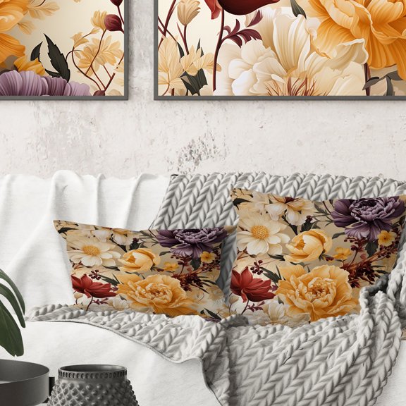 Designart "Composition Of Cottage Flowers In Beige And Purple II" Floral Printed Throw Pillow
