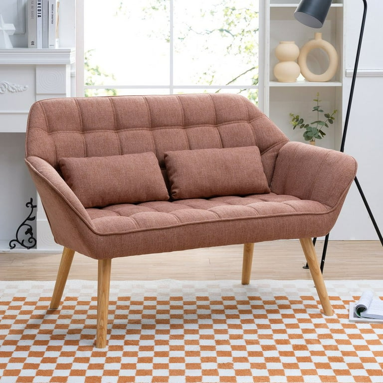 GZXS 50 Small Modern Loveseat Sofa Mid Century Linen Fabric 2 Seat Sofa Couch Tufted Love Seat with Back Cushions and Wood Legs for Living Room
