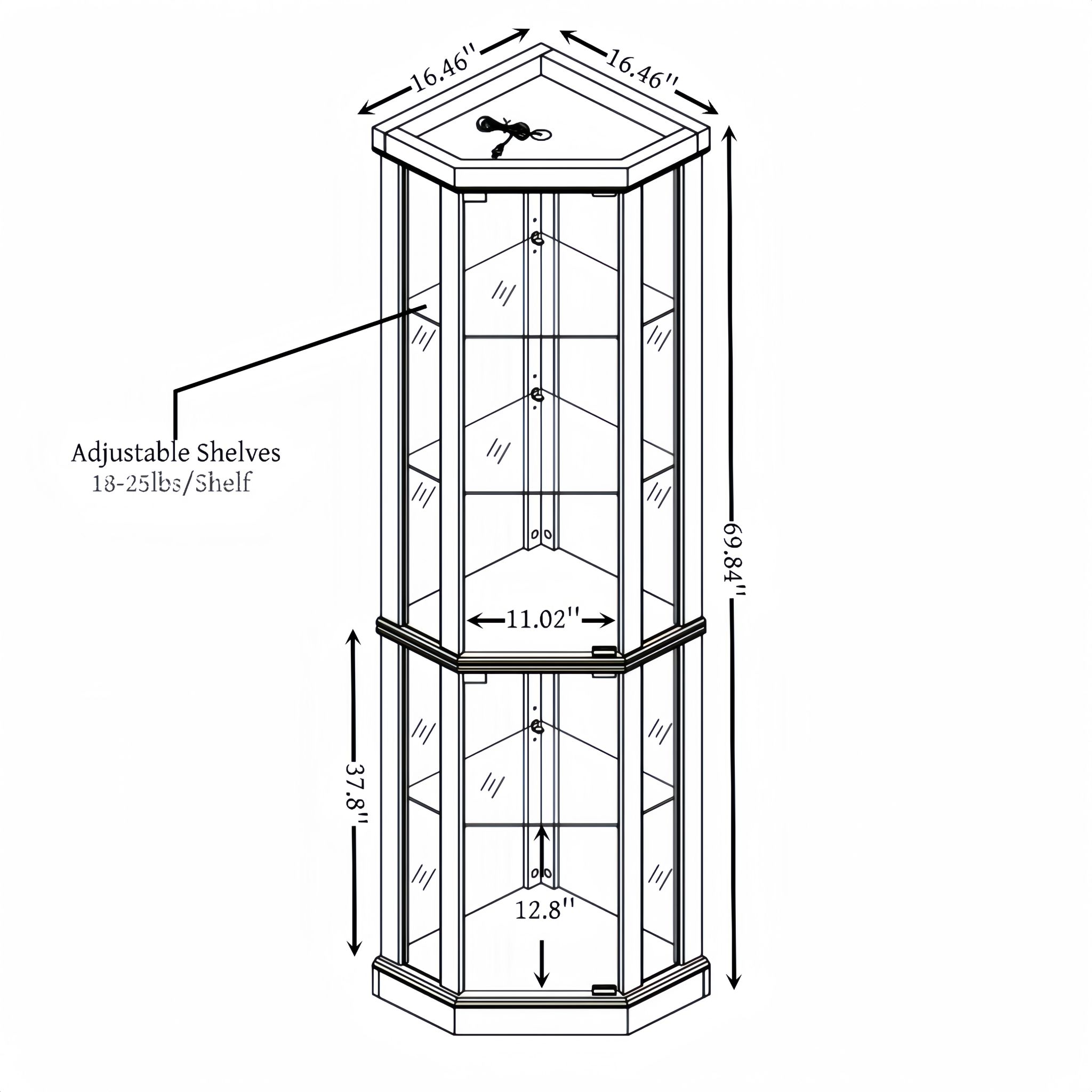 CKEASEAN Curio Cabinet with Light Bulb, 70"H Corner Glass Display Case with Tempered Glass Door and Adjustable Shelves