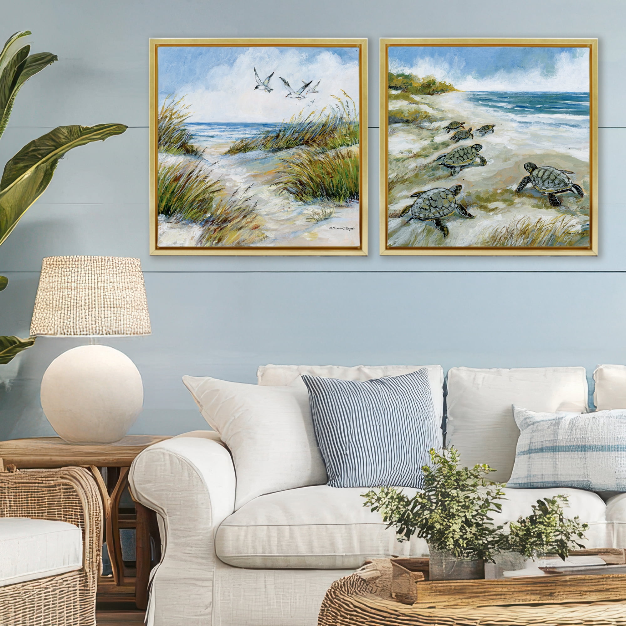 Stupell Industries Beach Creatures on Dunes 2 Piece Gold Framed Floater Canvas Set, design by Susan Winget