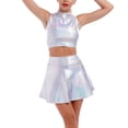 thumbnail image 5 of Women's 2Piece Metallic Outfit Shiny Off Shoulder Crop Top + Silver Mini Skirt Dress Alien Costume Rave Clubwear XL Holographic Silver - Turtleneck, 5 of 8