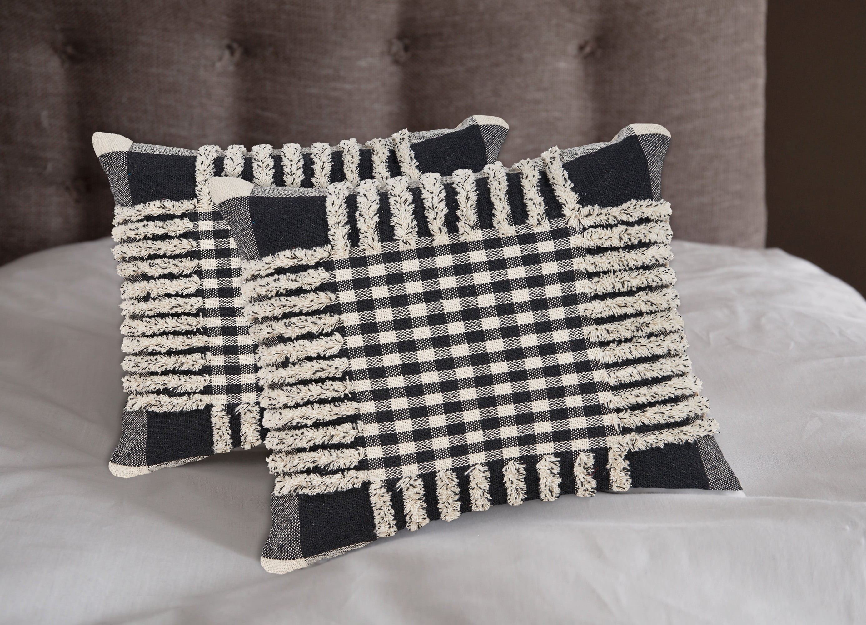 LR Home Elton Plaid Transitional Cotton Throw Pillows, Black/Ivory, 18" x 18", Set of 2