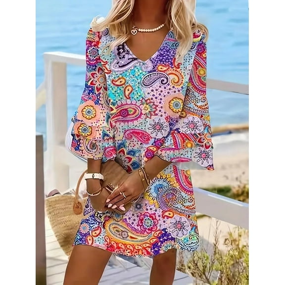 ZOELNIC Womens Casual V Neck 3/4 Sleeve Boho Printed Loose Short Mini Summer Beach Dress, S