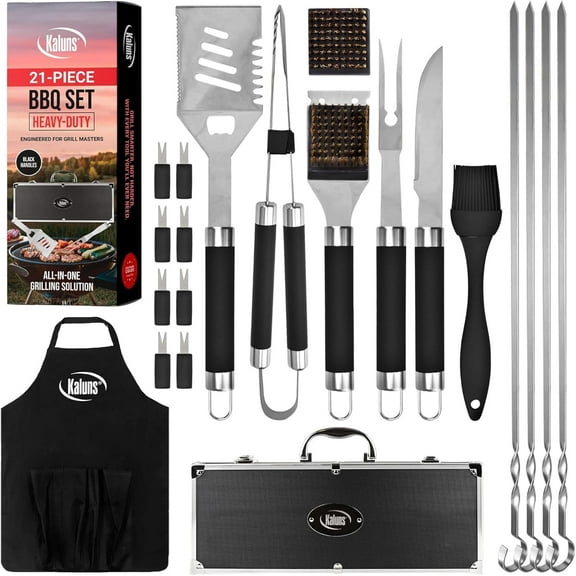 Kaluns 21 Pcs Grill Set - Heavy Duty Stainless Steel BBQ Utensils for Grilling with Aluminum Case, Apron & Accessories - Grilling Tools and Utensils, Black