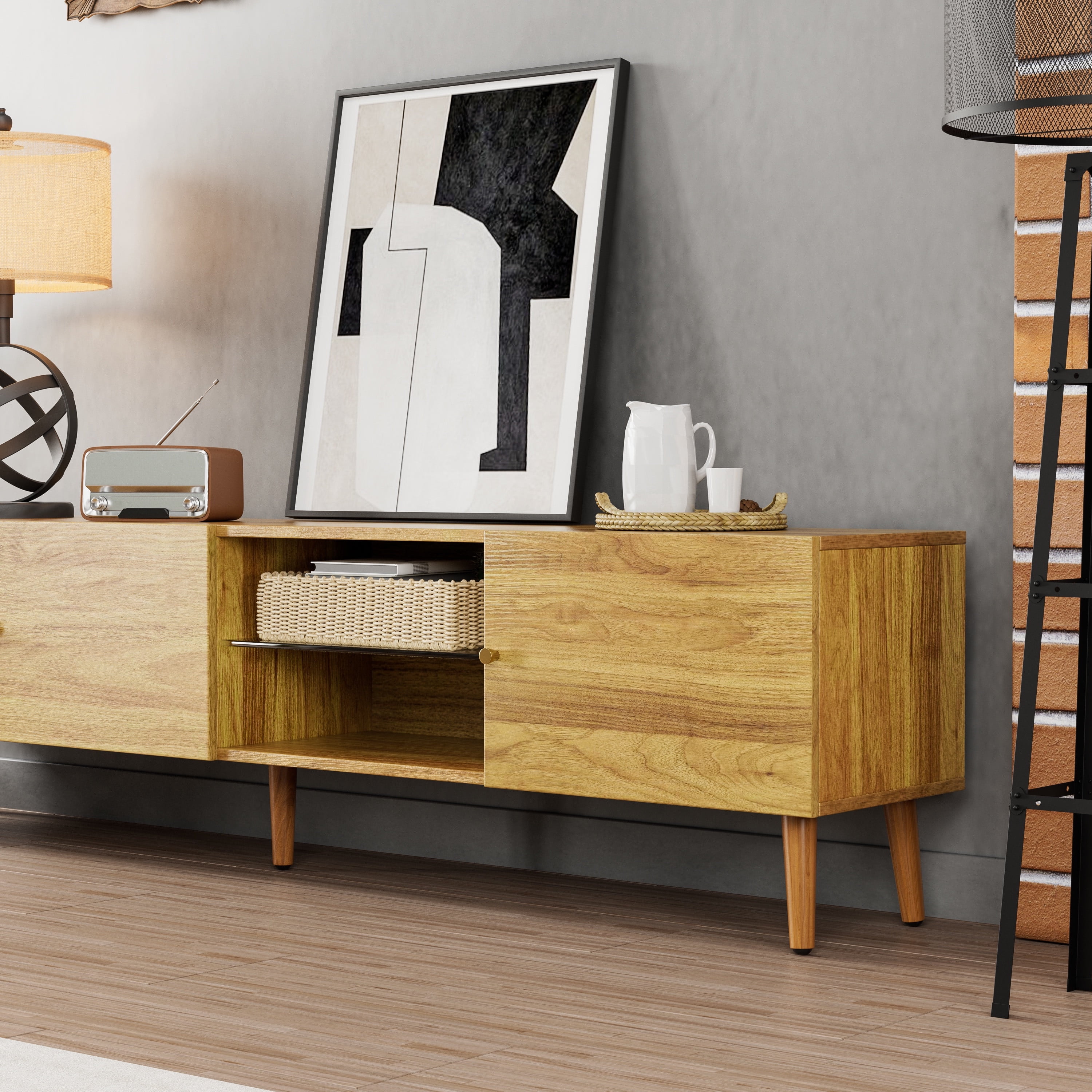 Paproos TV Stand for 70 inch TV, Mid Century TV Cabinet with 3 Doors, TV Console Table with Storage Cabinets, Media Console Table Entertainment Center with Open Shelve for Living Room, Office, Oak