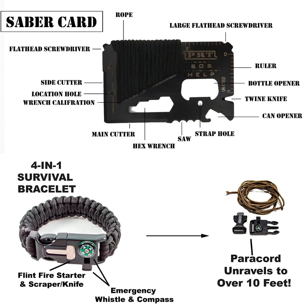 Sirius Survival Utility Emergency Kit 15 in 1 - Survival Kit for Camping, Hiking, Hunting & Fishing - Tan