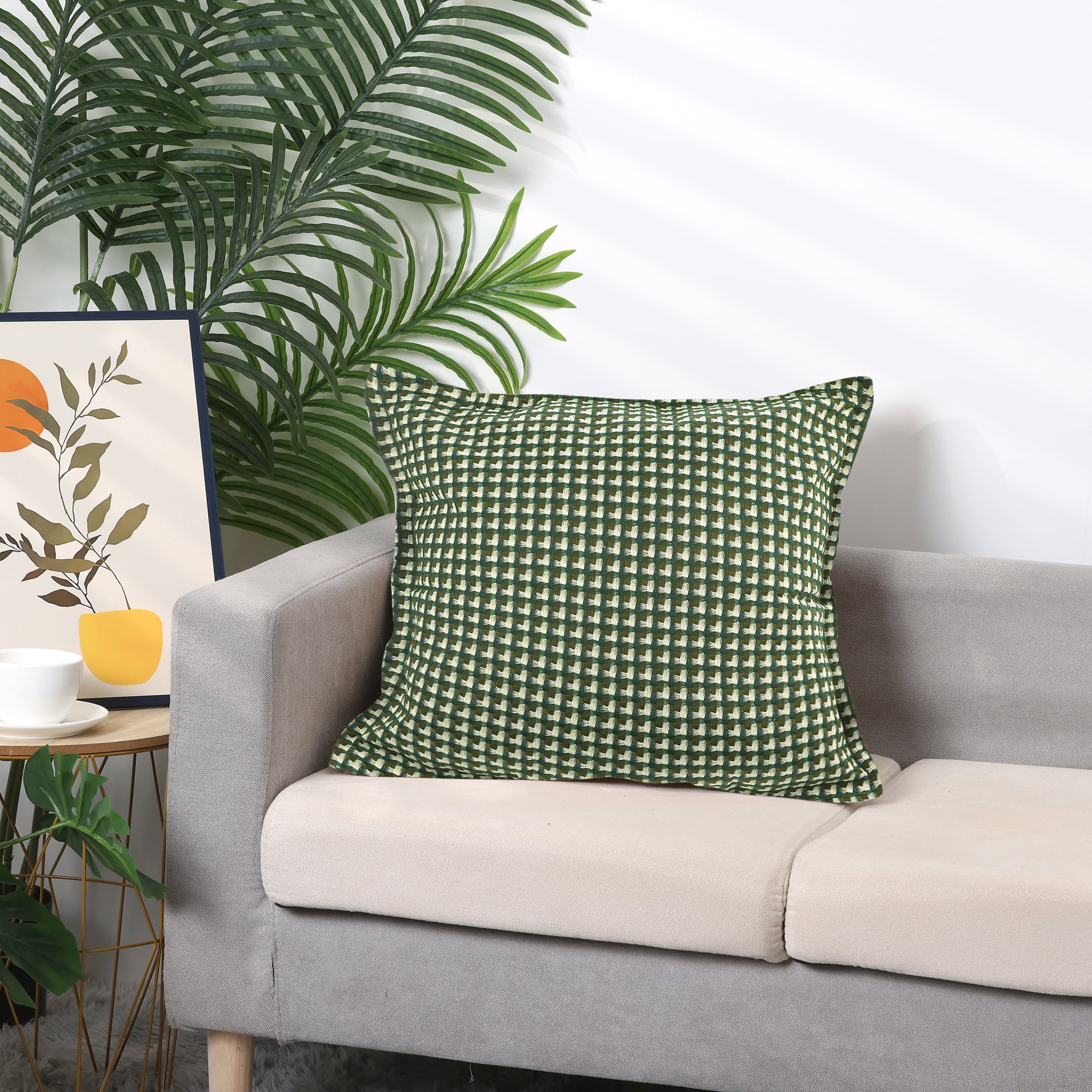 Unique Bargains 2 Pcs Plaid Pillow Covers Square Cushion Covers Decorative Pillow Cases Green Grid 18" x 18"/12" x 20"