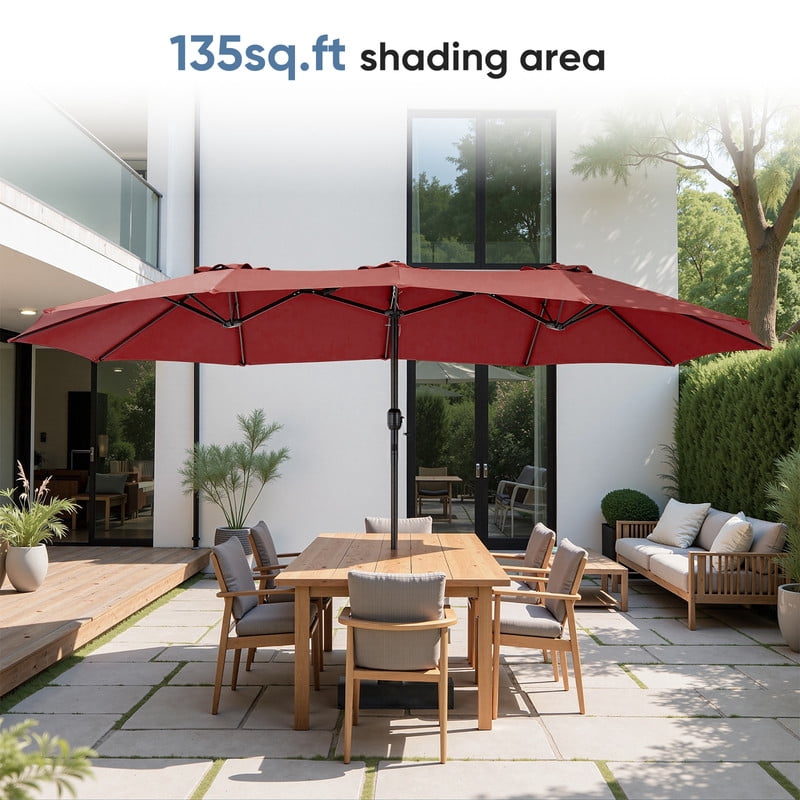 JIOABL 15ft Large Patio Umbrella with Base Included, Rectangle Table Umbrella Outdoor Patio, Outside Umbrellas for Deck, Market, Backyard, Wine Red