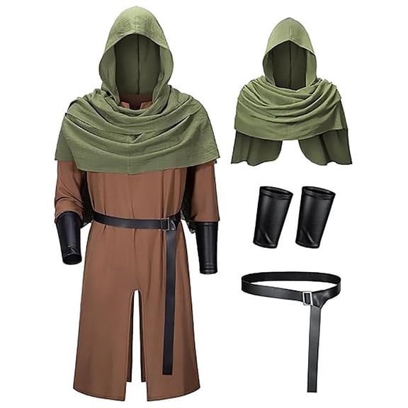 UTSJKR Men’s Medieval Cosplay Full Set, Hooded Long Cloak Matched with Scarf, Wrist Guards and Waist Belt for Halloween, Larp and Renaissance Fair Dress‑Up Green S