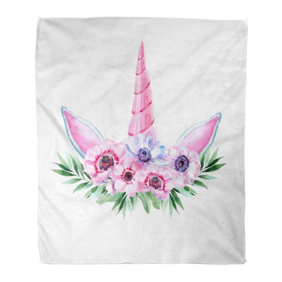 ASHLEIGH Flannel Throw Blanket Watercolor Head of Unicorn Floral Wreath on Princess Rainbow Cartoon Pony Horse 50x60 Inch Lightweight Cozy Plush Fluffy Warm Fuzzy Soft