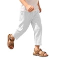 thumbnail image 2 of JOANKDMI Boys Cotton Linen Casual Pants Lightweight Elastic Waist Trousers Loose Fit Cropped Ankle Pants for Kids Summer Beach Vacation Lounge Wear with Pockets, 2 of 9
