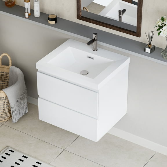 30“ Modern Floating Bathroom Vanity with Sink, Wall-Mounted Bathroom Storage Vanity Cabinet with Resin Top Basin and Soft Close Drawers, White