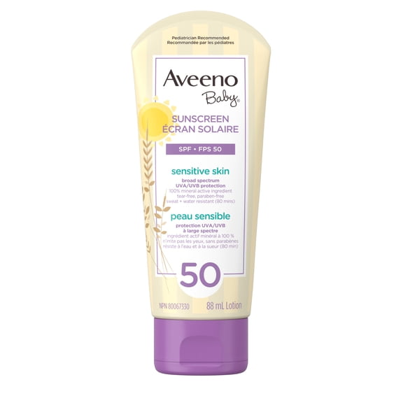 Aveeno Baby Mineral Sunscreen Lotion SPF 50 - 100% Naturally Sourced Zinc Oxide for Sensitive Skin - Water Resistant